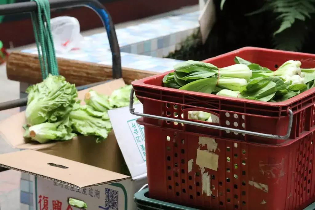 現今合作店家定期會把淘汰的新鮮「醜蔬果」送到忠勤里。（蔣金攝）