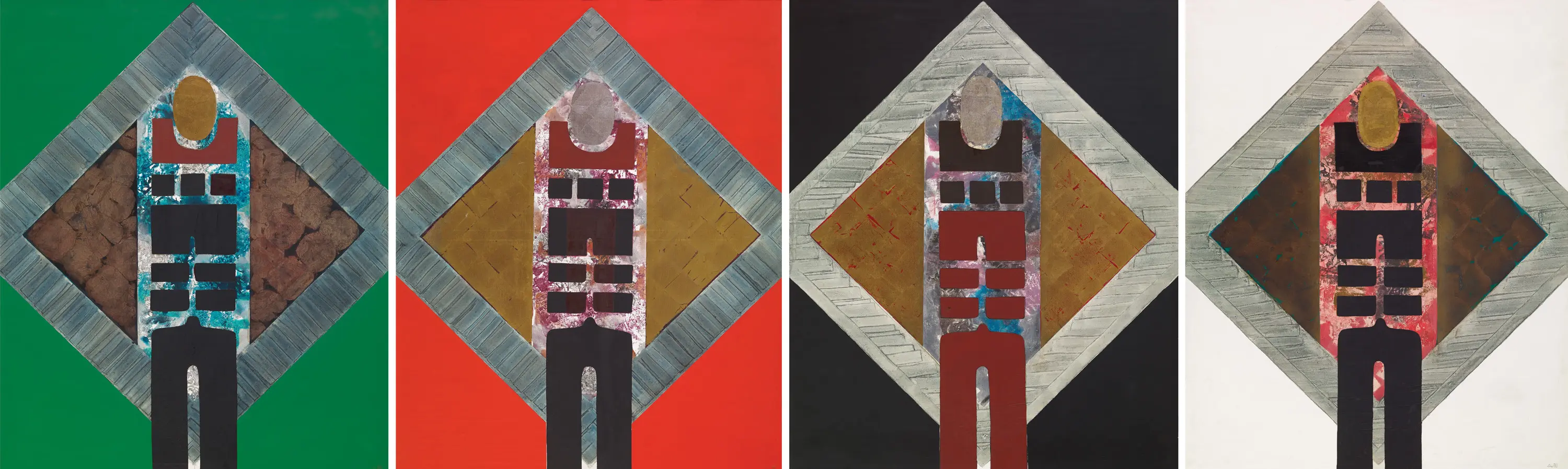 廖修平作品:《春夏秋冬》,1967 年,油彩、金箔、畫布,160 × 130cm 四件。1970 年參加日本大阪萬國博美術展《調和の發現》之現代的躍動單元。國立臺灣美術館收藏。(圖片來源/廖修平) 廖修平作品:《春夏秋冬》,1967 年,油彩、金箔、畫布,160 × 130cm 四件。1970 年參加日本大阪萬國博美術展《調和の發現》之現代的躍動單元。國立臺灣美術館收藏。(圖片來源/廖修平)