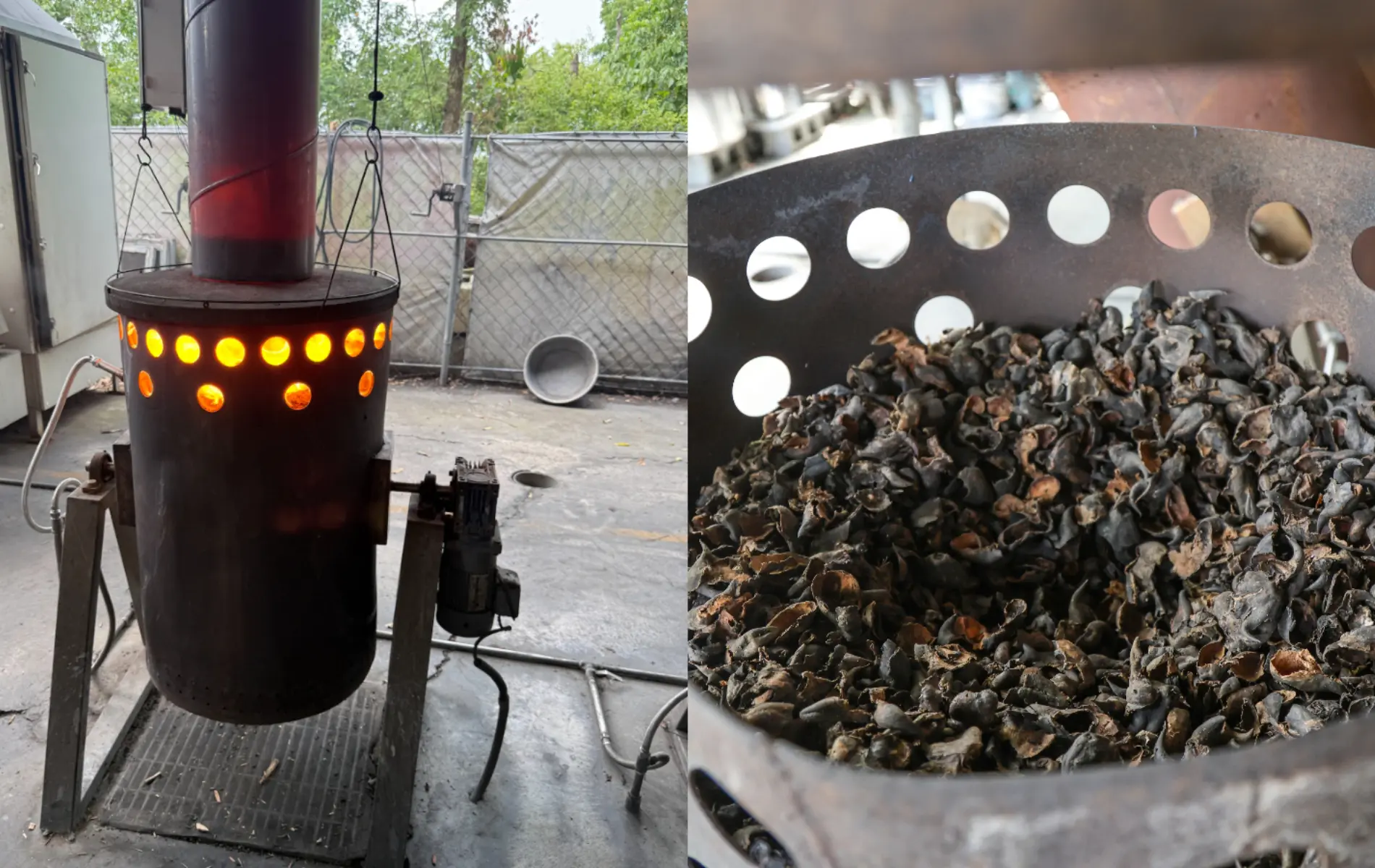 花了整整一年半研究孔洞的大小和位子,才會使空氣流通,但又不至於使菱角殼完全燃燒,進而碳化。(圖片來源/左:李政憲、右:葉仁琛) 花了整整一年半研究孔洞的大小和位子,才會使空氣流通,但又不至於使菱角殼完全燃燒,進而碳化。(圖片來源/左:李政憲、右:葉仁琛)