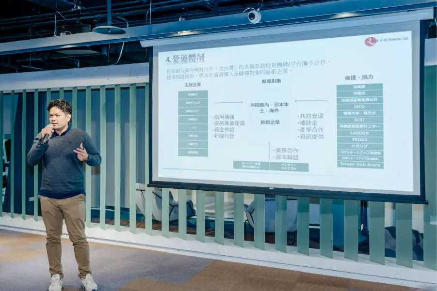 琉球銀行代表Yohei Uema於 Japan Night 活動中上台發表演講,介紹其對新創企業的支援與合作方案。(圖片來源/精拓生技) 琉球銀行代表Yohei Uema於 Japan Night 活動中上台發表演講,介紹其對新創企業的支援與合作方案。(圖片來源/精拓生技)