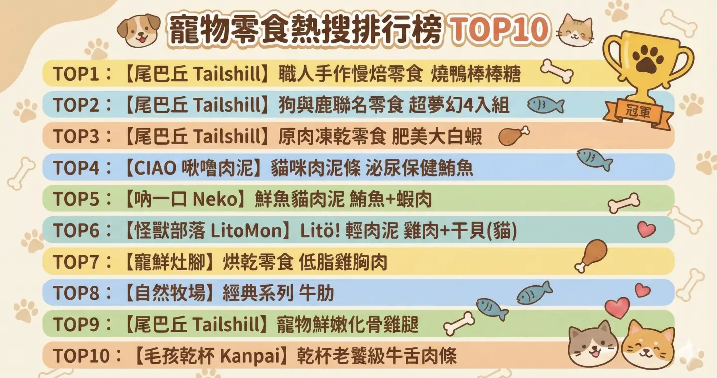 尾巴丘公布 2025 年度寵物零食熱銷 TOP10,其中原肉主義、機能添加與趣味造型,成為當前市場最受歡迎的品項。(圖片來源/尾巴丘毛孩選物) 尾巴丘公布 2025 年度寵物零食熱銷 TOP10,其中原肉主義、機能添加與趣味造型,成為當前市場最受歡迎的品項。(圖片來源/尾巴丘毛孩選物)