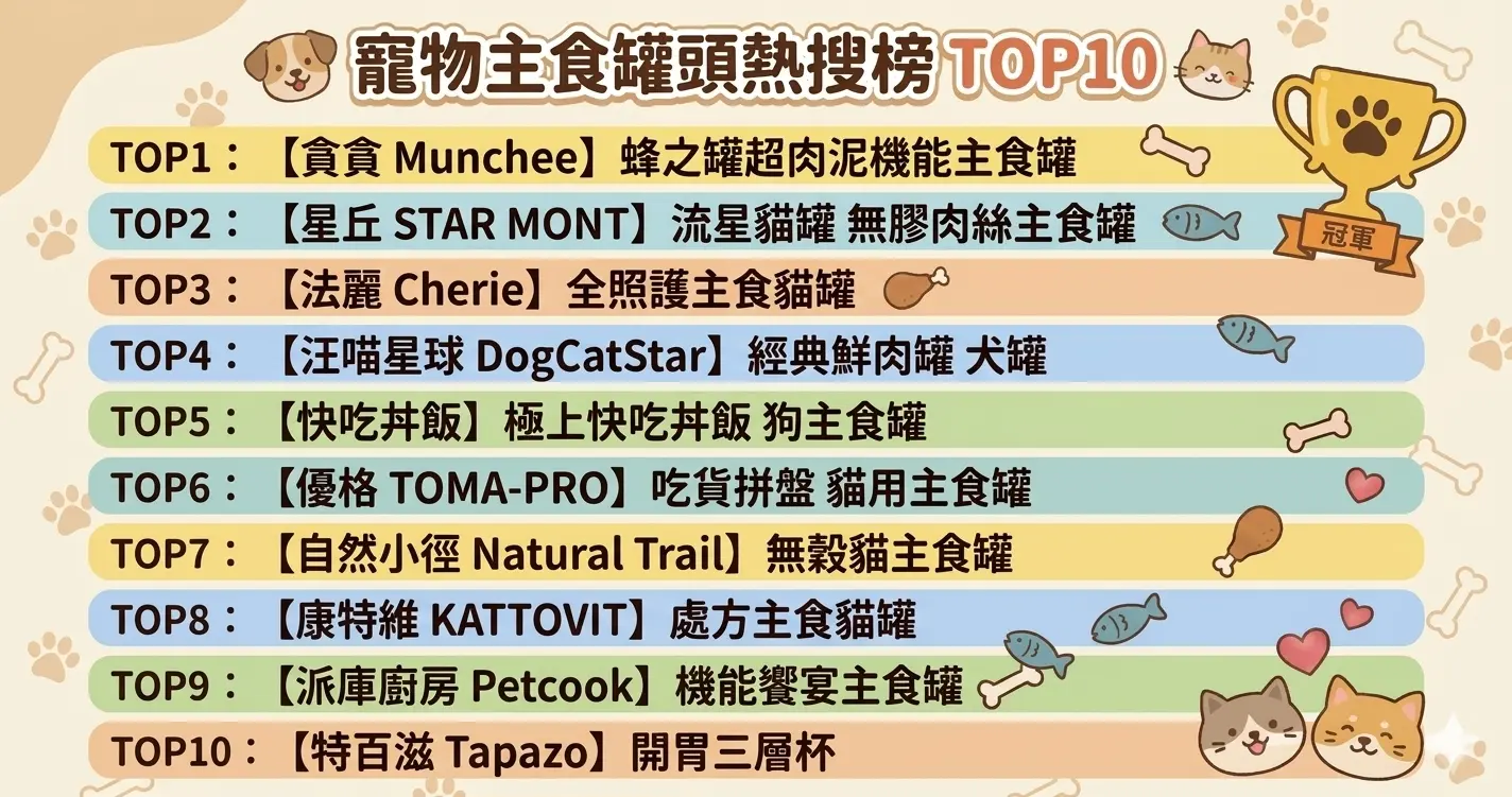 尾巴丘公布寵物罐頭年度熱銷榜 TOP 10，其中「無膠、高肉量」逐漸成為飼主選購的核心關鍵。（圖片來源／尾巴丘毛孩選物）